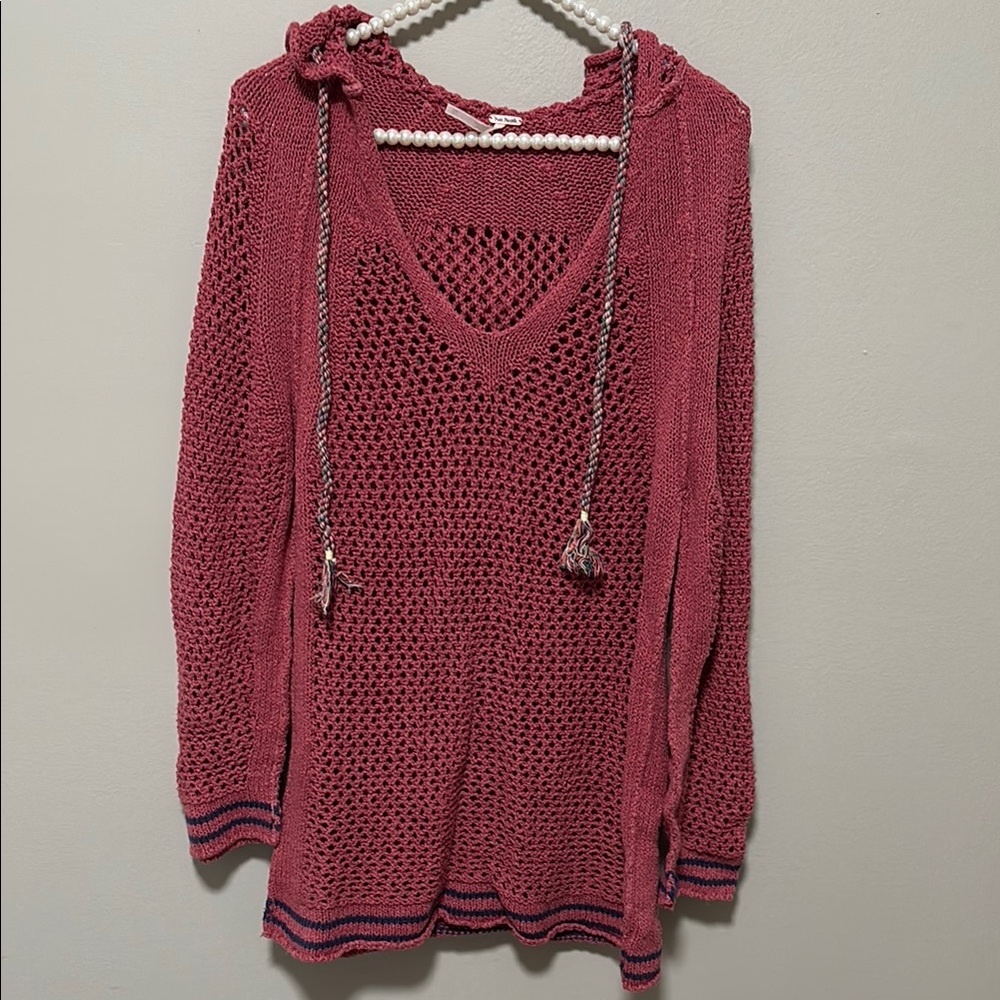 Free People Salmon Shadow Stripe Mesh Hoodie Sweater